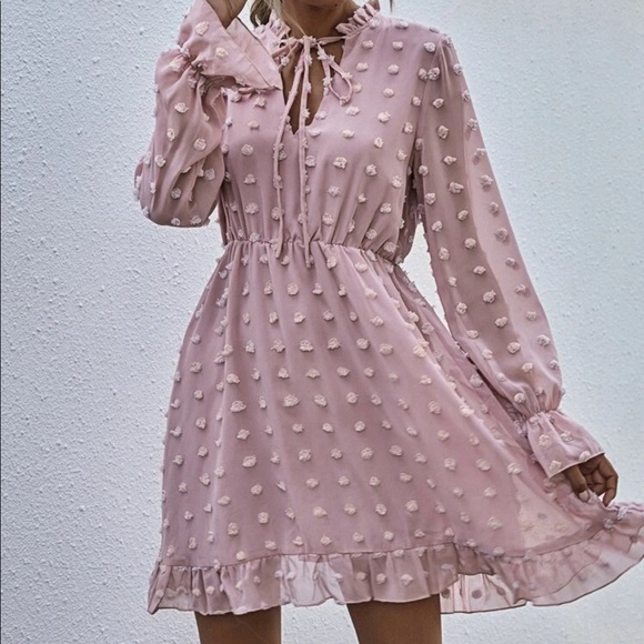 Dresses & Skirts - Boho Swiss dot tie neck ruffle hem dress